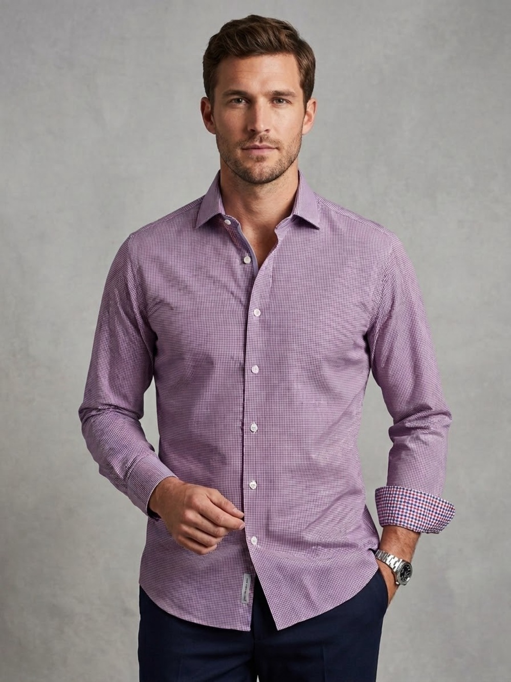 Peter Millar Men's Large Button Down Shirt - Red & Blue Micro Check / Houndstoot